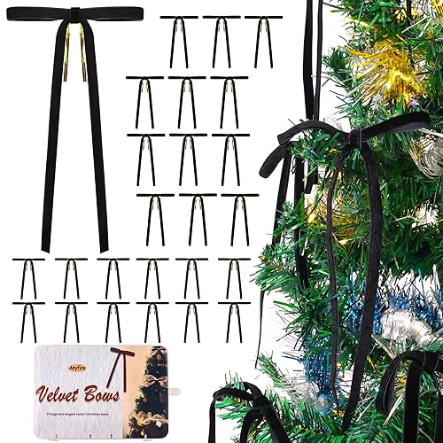 Anyfire Velvet Bow for Christmas Tree: 24 Pcs Vintage Velvet Ribbon Bows for Tree Garland Wreath, Pre Tied Xmas Bow for Crafts Gift Home Decor Indoor Outdoor - Black (3/8'' Width,5 * 7 inch)