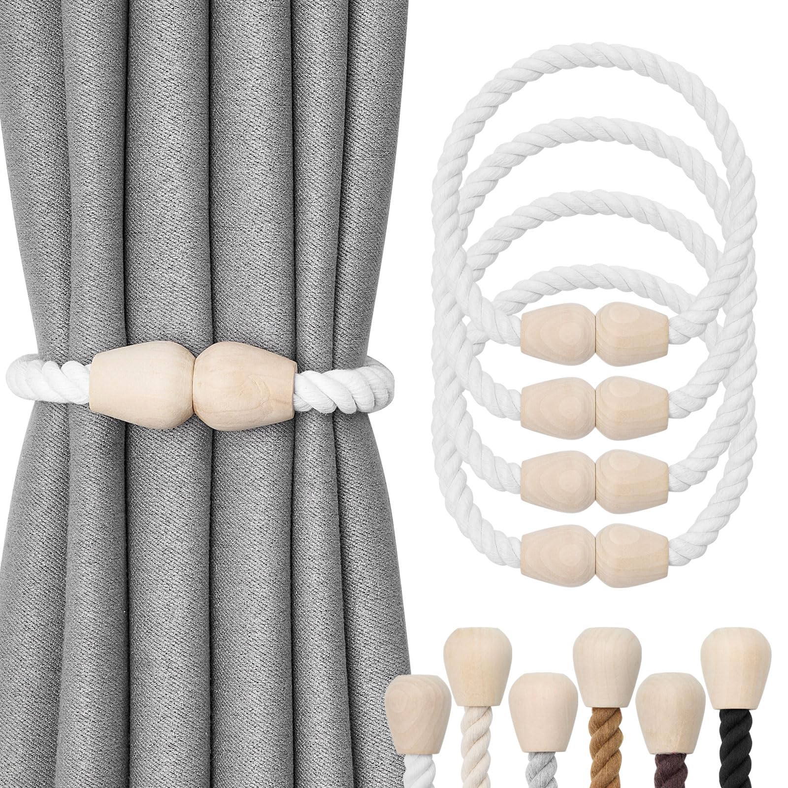 Pretty Jolly 4 Pack Wooden Magnetic Curtain Tiebacks Elegant Boho Home Decoration Drape Tie Backs Natural Cotton Handmade Rope Curtain Holdbacks for Home & Office Window Drapery (White)