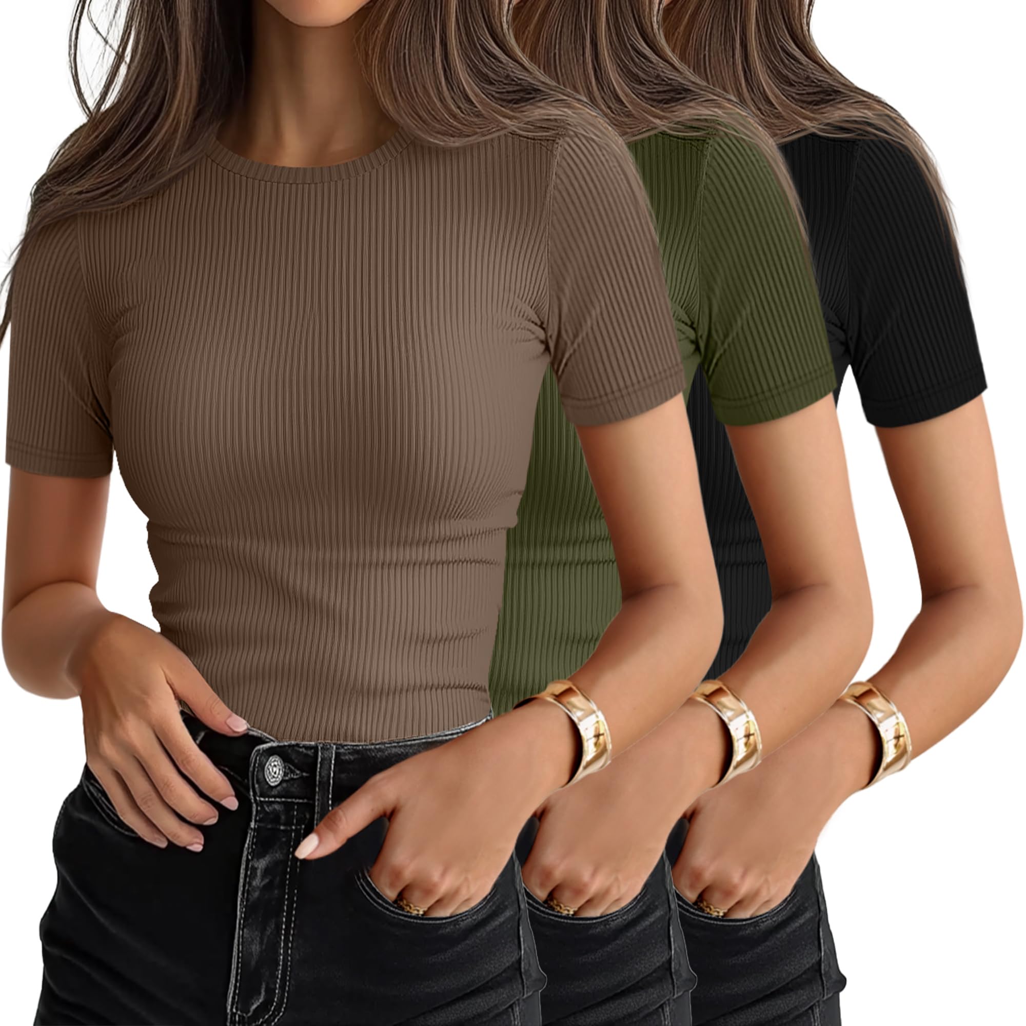Photo 1 of Ficerd 3 Pack Women's Ribbed T-Shirts, Cotton Short Sleeve Basic Tees Crew Neck Fitted Tops Summer Casual Shirts 2025 Trendy(Black, Green, Mocha Brown,Medium)