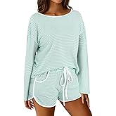 Hilinker Womens Striped Pajama Set 3/4 Sleeve Top with Shorts Sleepwear 2 Piece Lounge Sets