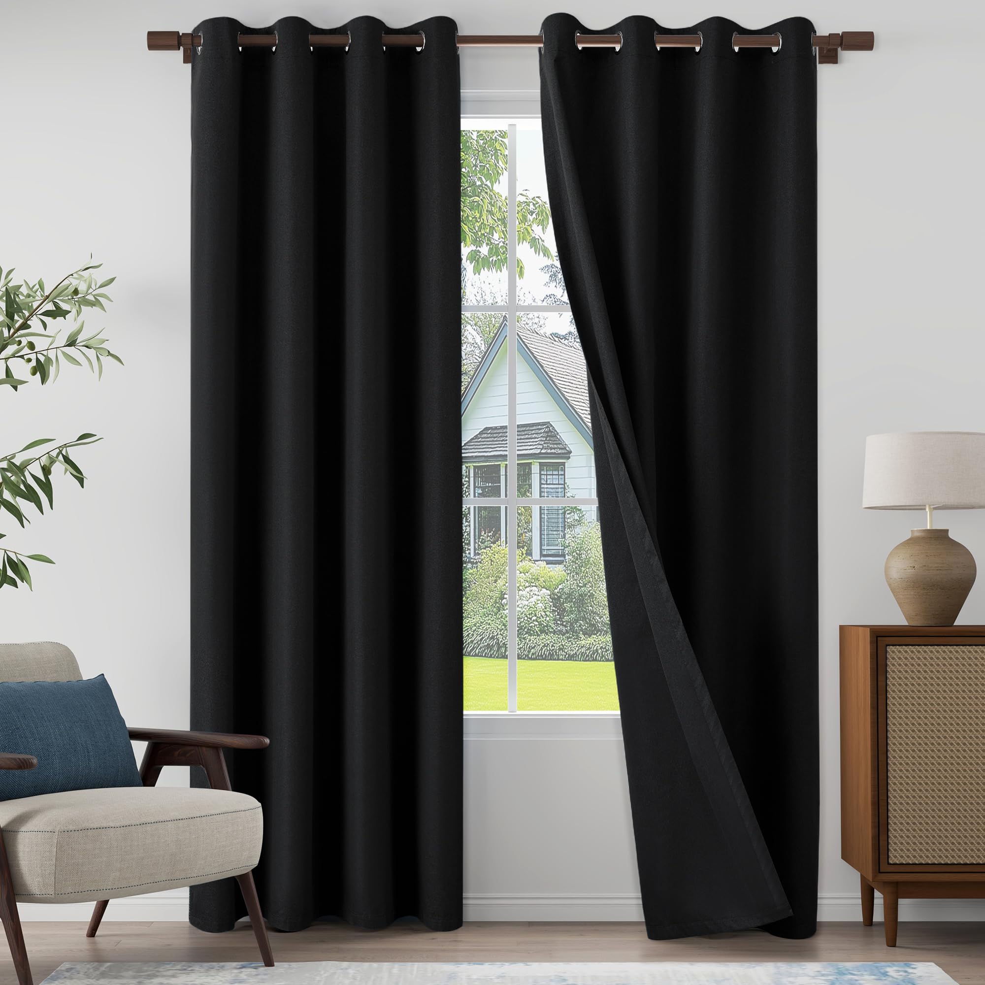 Photo 1 of 100% Blackout Linen Textured Curtains 84 Inch Length 2 Panels Set for Living Room, Bedroom, Light Weight Curtains with Grommets Top, Full Blackout Curtains Privacy Protection, Black, 52" W x 84" L
