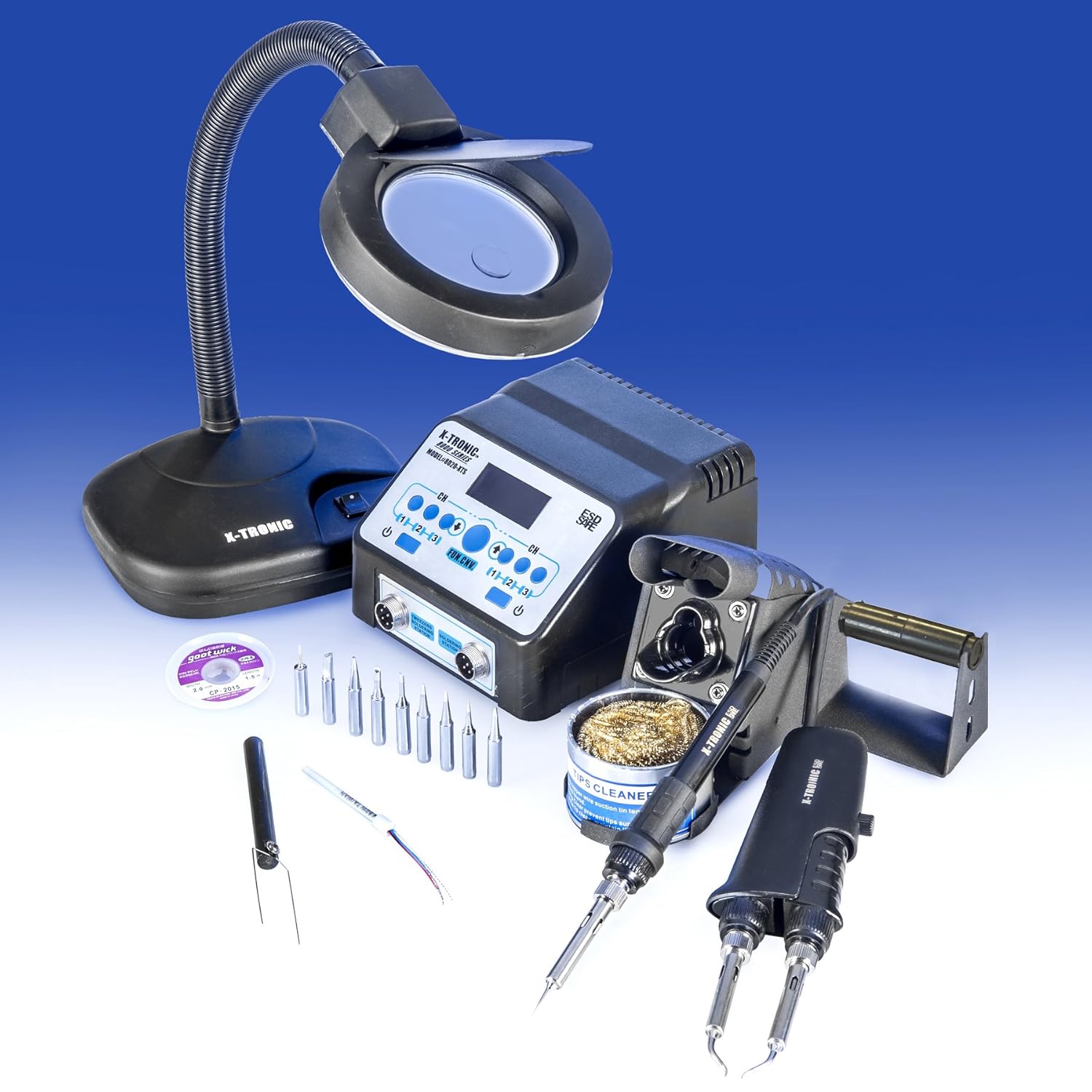 "USA EXCLUSIVE" X-TRONIC 8020-XTS -"2 IN 1" Antistatic Digital Soldering Iron Station and Hot Tweezers - ESD Safe - C/F - Brass Tip Cleaner & Flux - IC Popper - 5X Magnifying Lamp