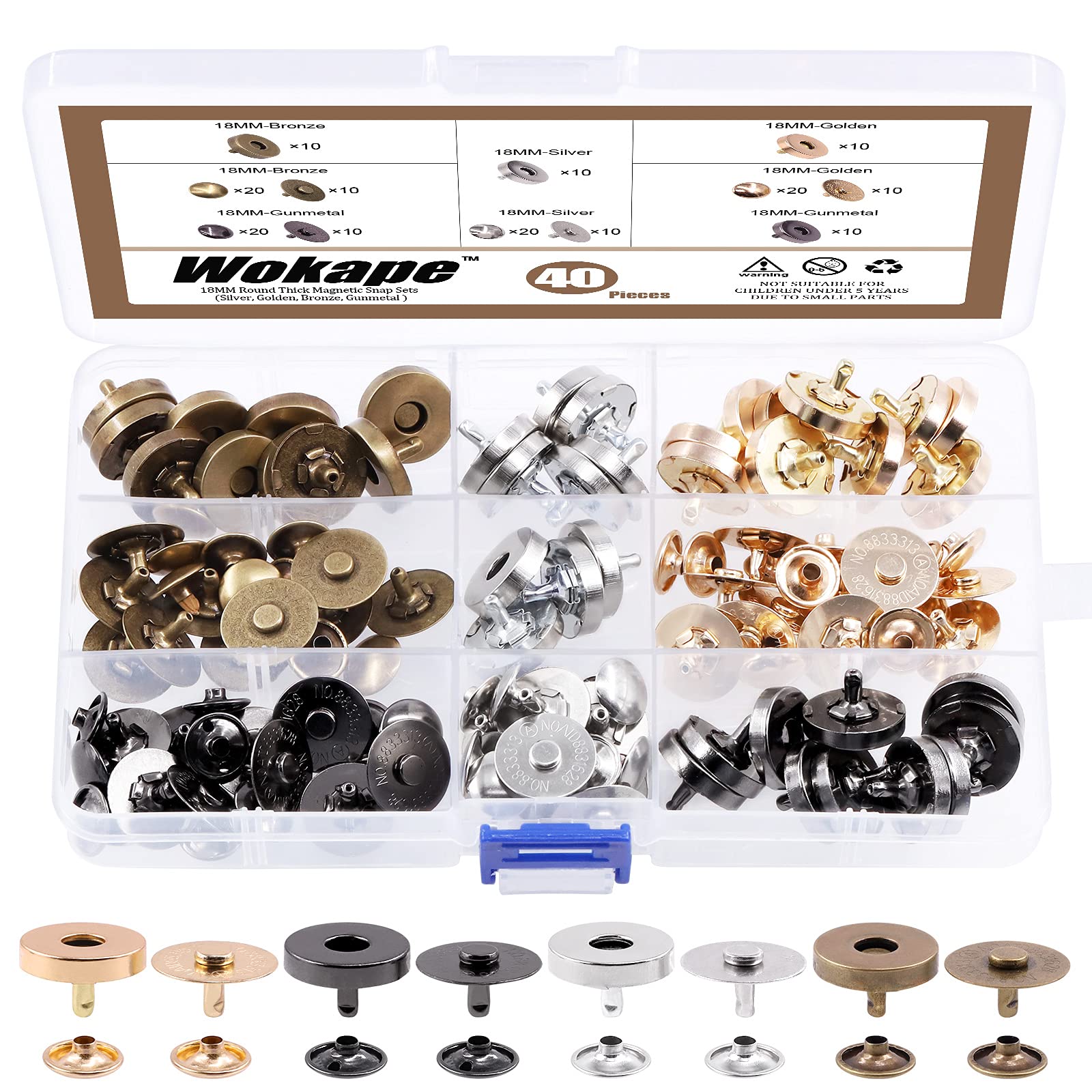 Wokape 40Sets 4 Colors 18mm Round Strong Magnetic Button Clasps Snaps Assortment Kit, Button Clasps Closure Purse Handbag with Washer Perfect for Nickel DIY Craft Set
