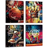Basketball Graffiti Wall Art Canvas Prints Framed Art Posters Bedroom Sports Wall Decor,Boys Room Motivational Aesthetics Decoraions Set of 4 (8"x10")