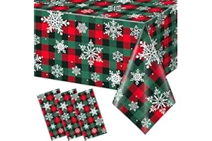 JECTIVS 3Pcs Christmas Buffalo Plaid Snowflake Party Tablecloths Decorations,Plastic Red and Green Checkered Rectangle Table Cover for Winter Christmas New Year Birthday Holiday Party Decorations,54x108 inch