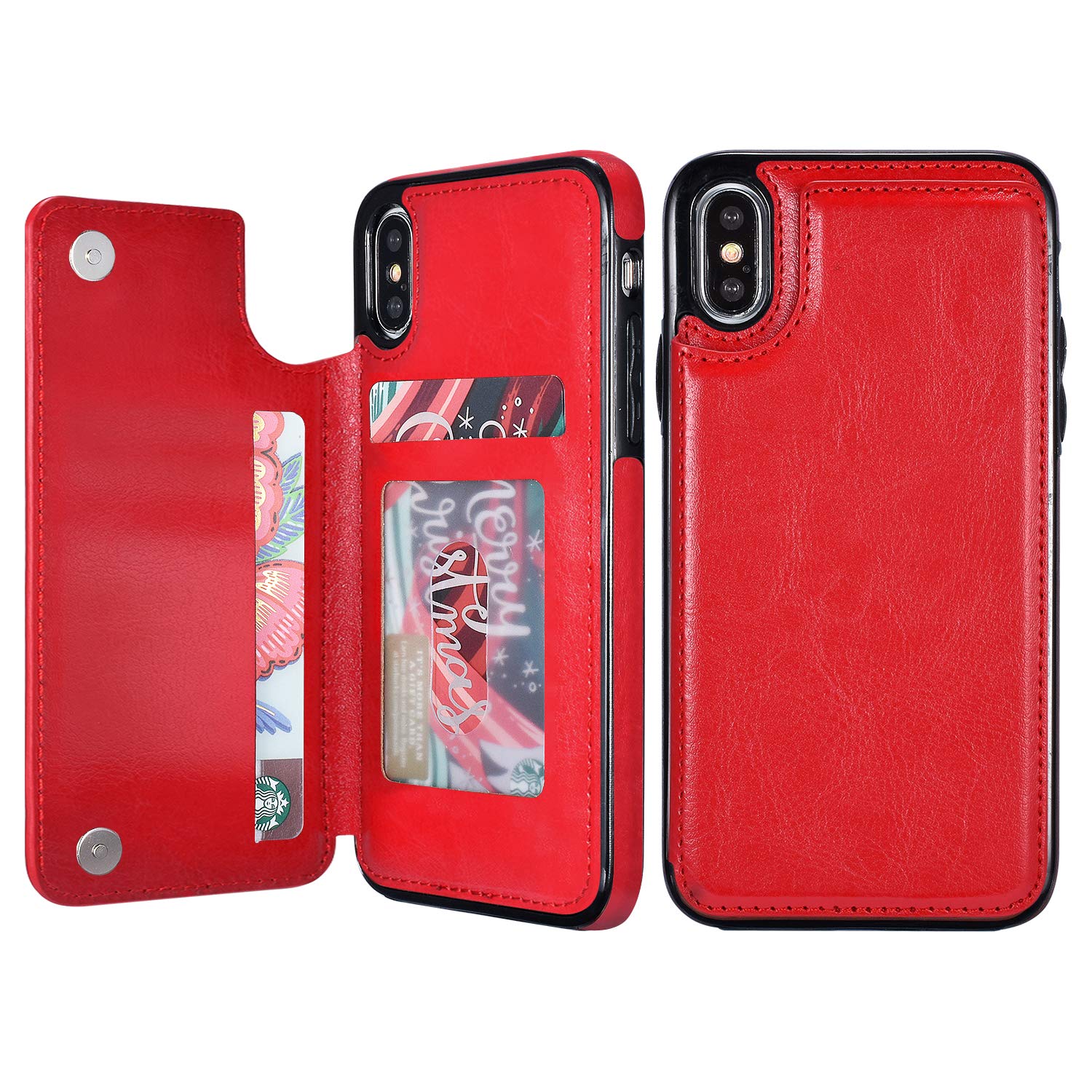 UEEBAI Case for iPhone X XS, Luxury PU Leather Case with [Two Magnetic Clasp] [Card Slots] Stand Function Durable Soft TPU Case Back Wallet Flip Cover for iPhone X/XS - Red