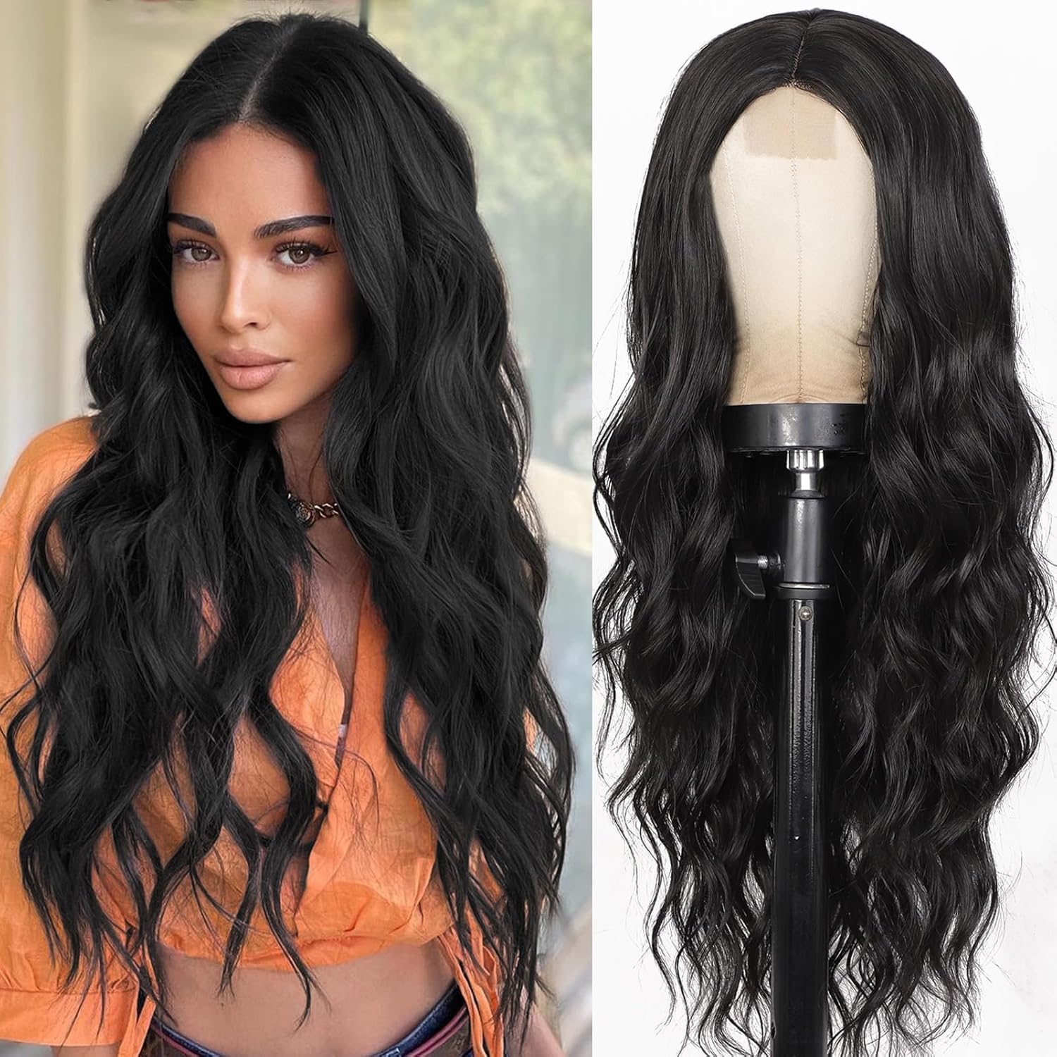 PORSMEER Long Black Wavy Wig for Women Lace Middle Parting Wigs Natural Looking 26 Inch Curly Wig Heat Resistant Synthetic Hair Wigs for Daily Party Use