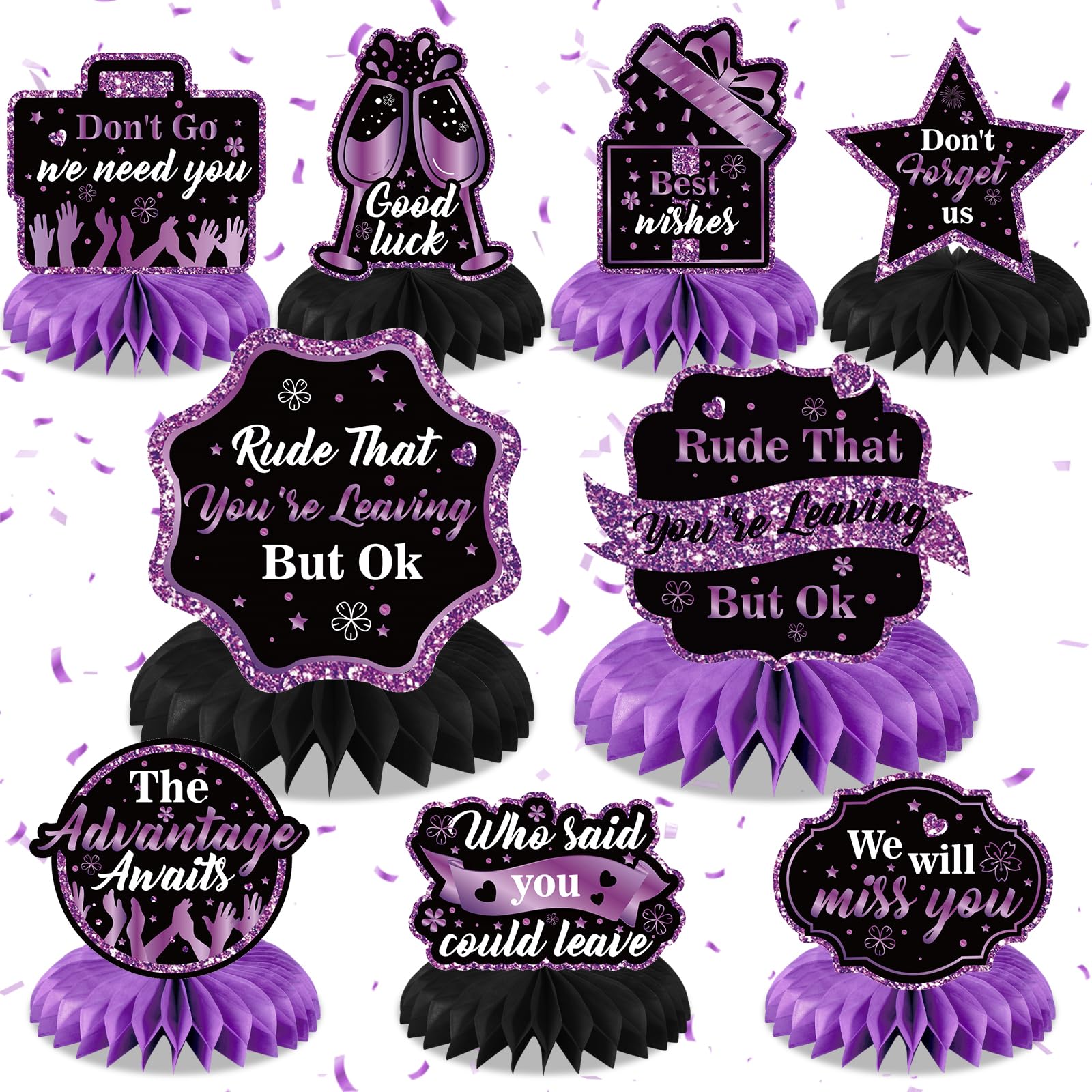 Photo 1 of 9Pcs Farewell Party Decorations Black Purple Rude That You're Leaving But Ok Honeycomb Centerpiece We Will Miss You Table Topper Decor for Coworker Leaving Goodbye Going Away Retirement Party Supplies