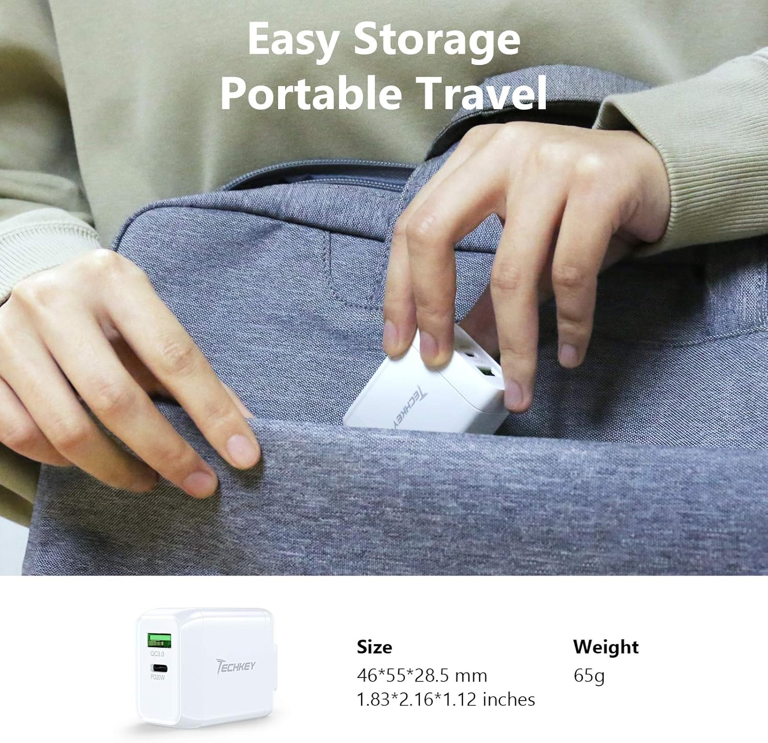 USB C Wall Charger, Techkey 20W 2-Port Fast Charger USB Type C Charger 5V / 3A Power Adapter Quick Charge 3.0 with Foldable Plug for iPhone 12/11 / X / 8/7 / 6, iPad and More