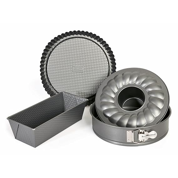 Kaiser Gourmet Backformen-Backset, 4-teilig, Springform mit zwei Böden (Flachboden Rohrboden), Tortenboden, Königskuchenform,