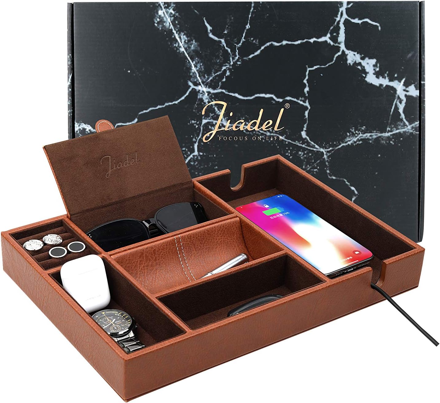 Catch All Dresser Tray Table Organizer Smartphone Charging Station Edc Tray Coffee Faux Leather Nightstand Organizer Jiadel Valet Tray For Men Trays Jewelry