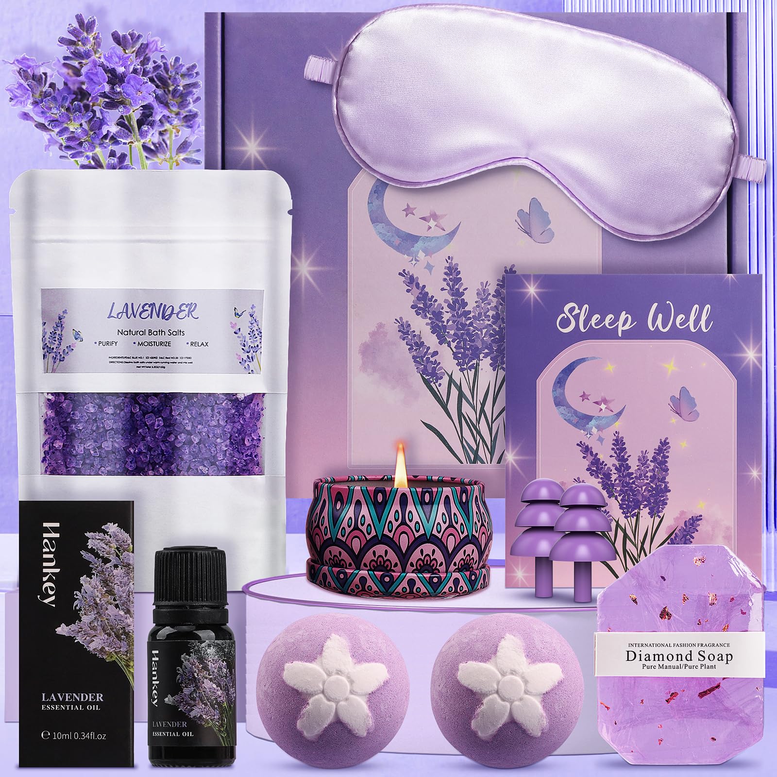 Pearshek Lavender Pamper Gift Set for Women - Luxury Relaxation Spa Hamper for Her, Unique Birthday Gifts, Self Care Box with Essential Oils, Ideal for Mum, Sister, Mother's Day & Get Well Soon