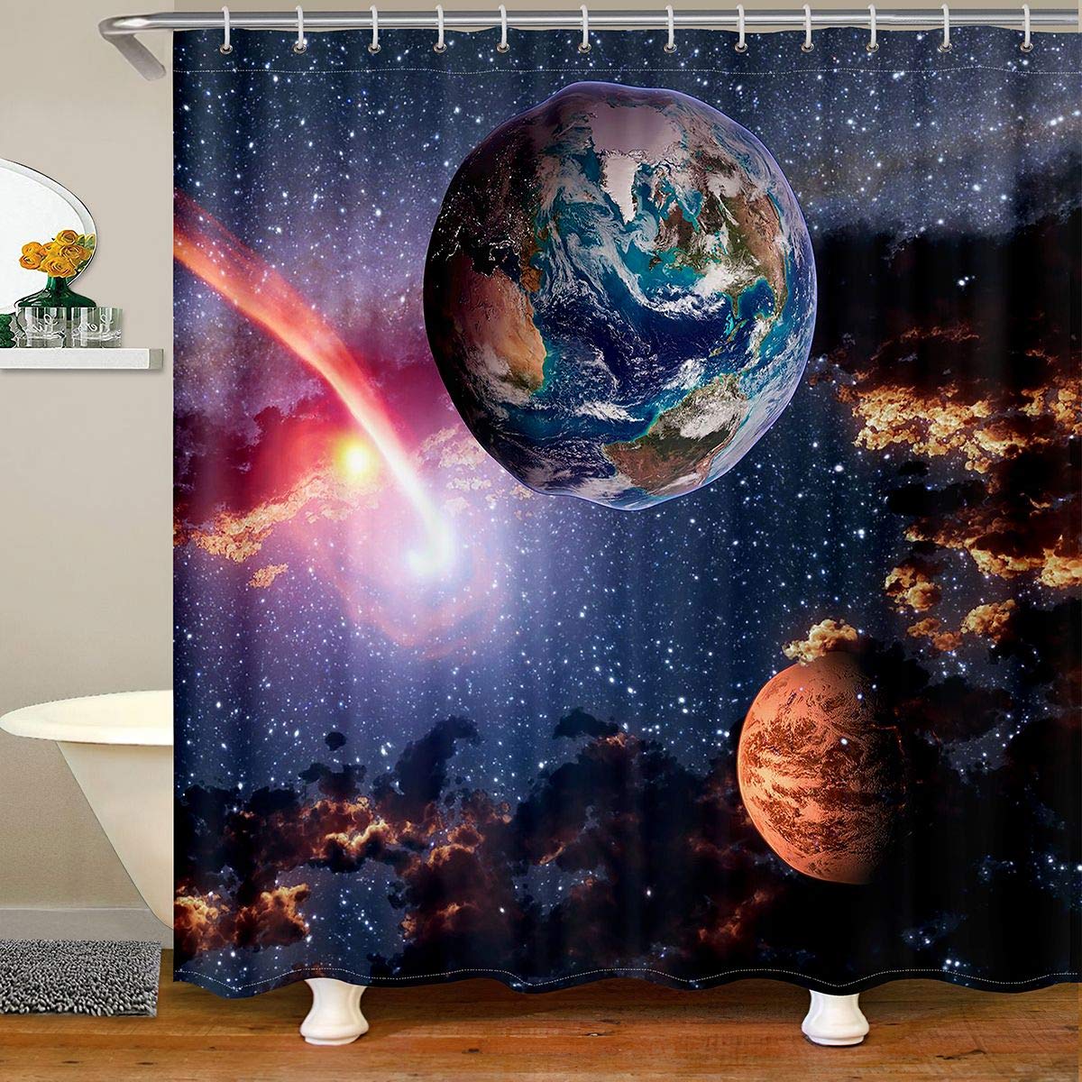 Loussiesd Galaxy Shower Curtain Universe Planet Print Bath Curtain for Stalls Bathtubs Outer Space Themed Bathroom Shower Curtain Breathable Starry Sky Waterproof Curtain Decor 180x180cm