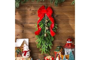 Dingion 23.6'' Christmas Teardrop Swag Wreath with Bells and Red Ribbon Bow Christmas Artificial Greenery Pine Teardrop Swag Farmhouse Xmas Winter Wreath for Door Window Wall Home Decor(Norfolk Pine)
