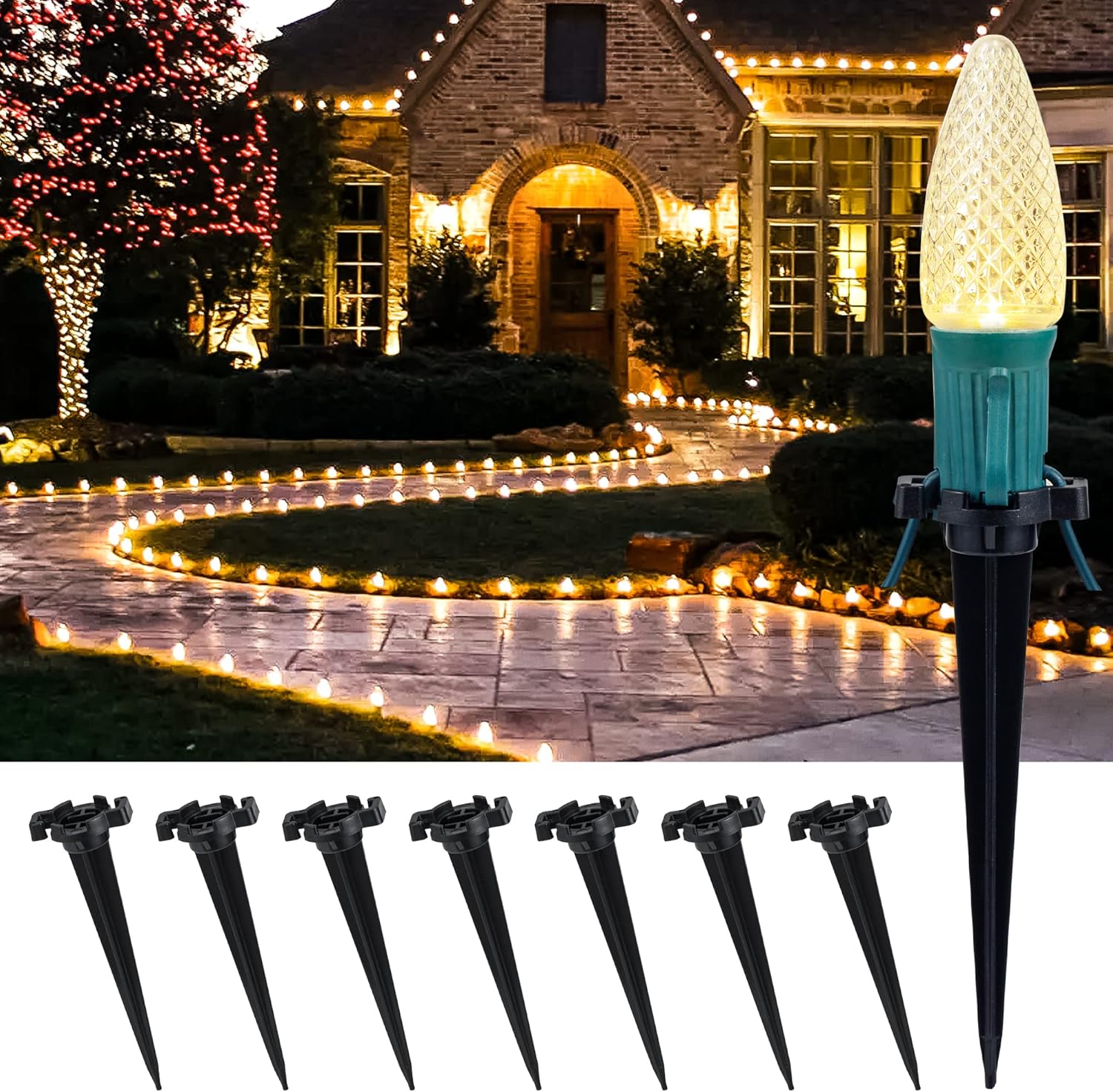 Decorative Garden Stakes - 100-Pack Plastic Light Stakes, 4.5 Inch Christmas Yard Stakes for C7 C9 Christmas Lights Outdoor, Universal Light Stakes for Outdoor Holiday Lights Use on Garden Lawn Patio Path Walkway – Black