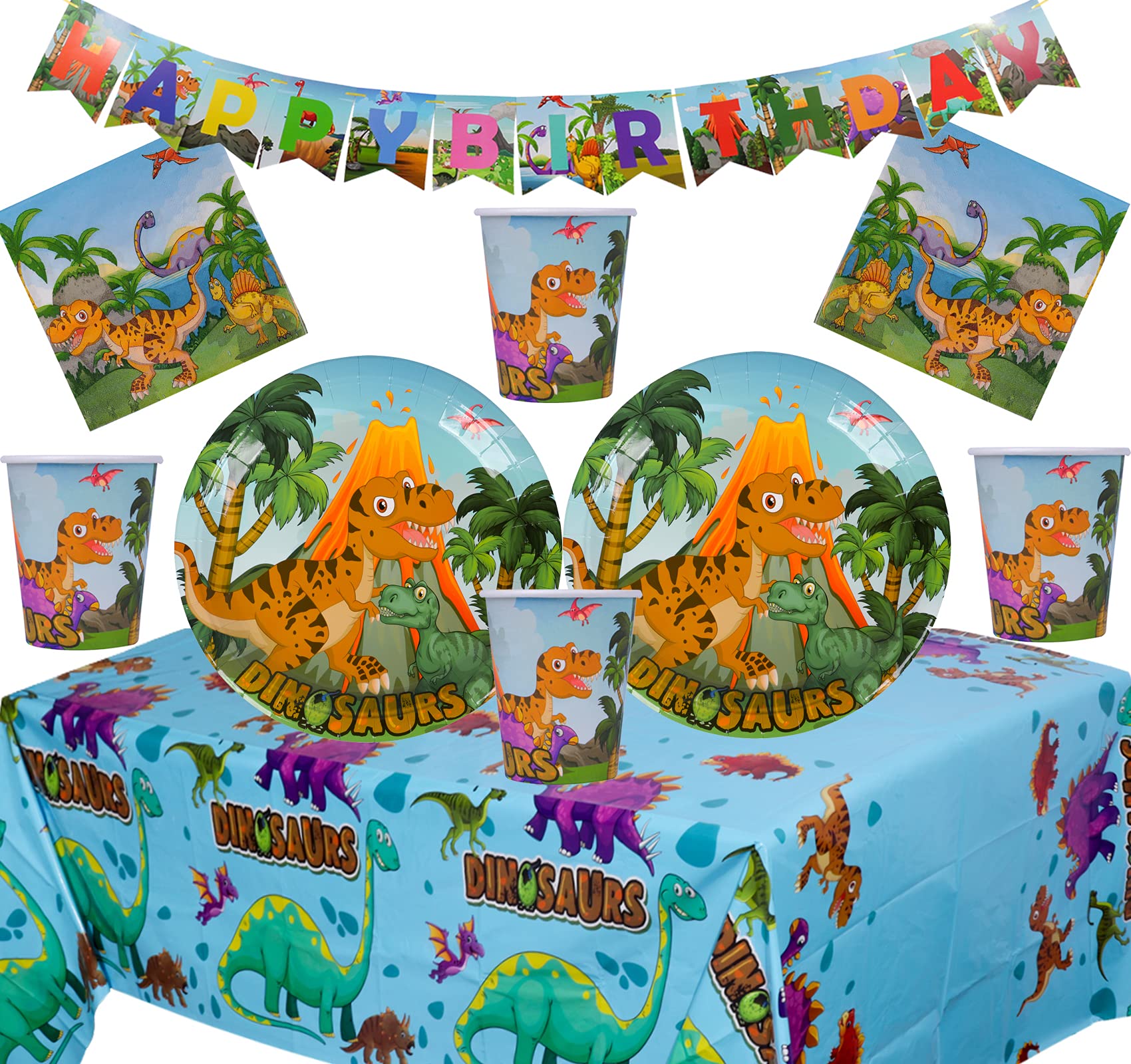 Dinosaur Party Supplies Set Dinosaur Birthday Party Decoration Kit For 16- Dino Plate Napkins Table Cover