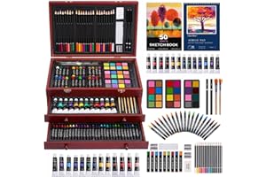 Color More Art Supplies, 175-Pack Deluxe Art Set Drawing Painting Kit with 2 Drawing Pads, Acrylic Paints, Colored Pencils, Crayons, Art Kit in Wooden Case, Gift for Artist, Adults, Teens and Kids