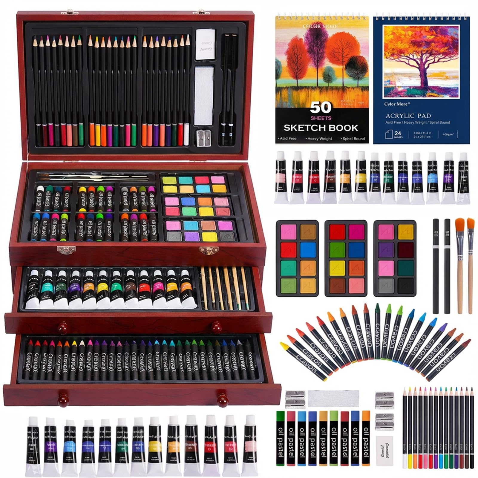 Color More Art Supplies, 175-Pack Deluxe Art Set Drawing Painting Kit with 2 Drawing Pads, Acrylic Paints, Colored Pencils, Crayons, Art Kit in Wooden Case, Gift for Artist, Adults, Teens and Kids Image