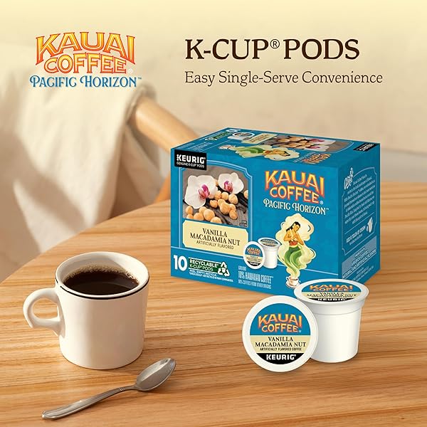 KAUAI COFFEE K-CUP PODS FOR KEURIG BREWERS – ARABICA COFFEE, 10% HAWAIIAN – MEDIUM ROAST, VANILLA BEANS WITH TOASTED MACABAMIA NUTS – VANILLA MACADAMIA NUT, 1 PACK OF 10 SINGLE SERVE K-CUPS