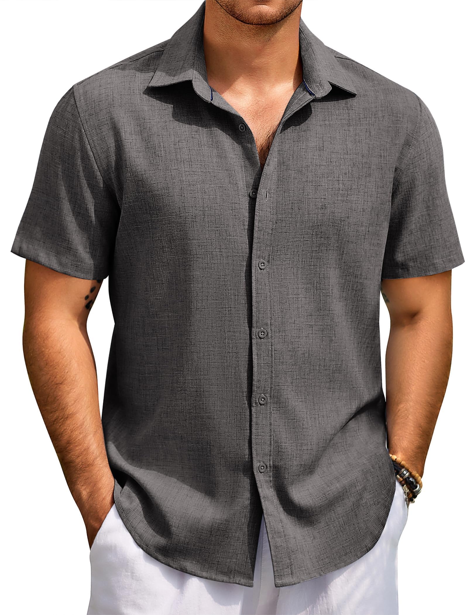 Photo 1 of 3XL-COOFANDY Men's Beach Wedding Shirt Short Sleeve Casual Untucked Shirts Summer Vacation Dark Gray
