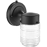 Maxxima Outdoor Wall Lantern Light Fixture, Enclosed Clear Ribbed Glass Jelly Jar Exterior Light, Black Finish, Dusk to Dawn 