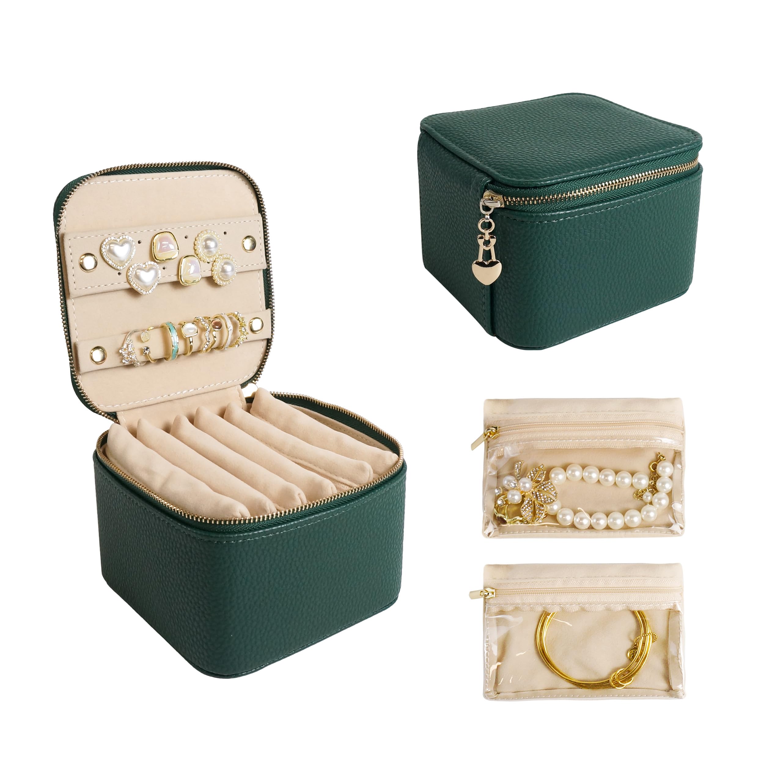 Photo 1 of **MISSING CHARM HANDING FROM ZIPPER AND ONE TRAVEL CASE***WATANIYA HOME Travel Jewelry Case, Small Travel Jewelry Box with 6 Velvet Jewelry Bag Mini Pouch, Portable Travel Jewelry Organizer for Rings Earrings Necklaces, Beauty Gifts for Women Girls (Green