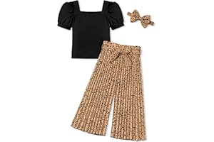 CRISONE Toddler Little Girl Clothes Outfits Set Square Neck Tops + Pleated Pants + Headband 3pcs Kids Clothing