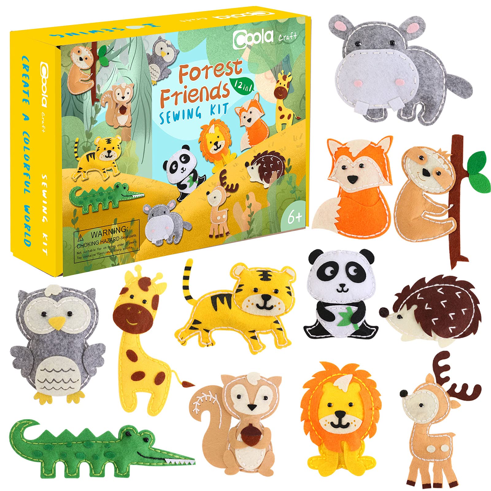 Coola Sewing Kit for Kids, Crafts for Kids Ages 8-12, Arts and Crafts for Kids, Sewing Kit for Beginners, DIY Felt Woodland Animals Kits, Craft Supplies for Kids Girls Boys Gift Ideas Set of 12