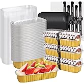 ABuff 100 Pack Mini Loaf Pans with Lids, 6.8oz Aluminum Foil Disposable Baking Pans With Lids and Spoons, Rectangle Pans Tins Containers Cake Pans for Brownie Cake Cheesecake - Gold
