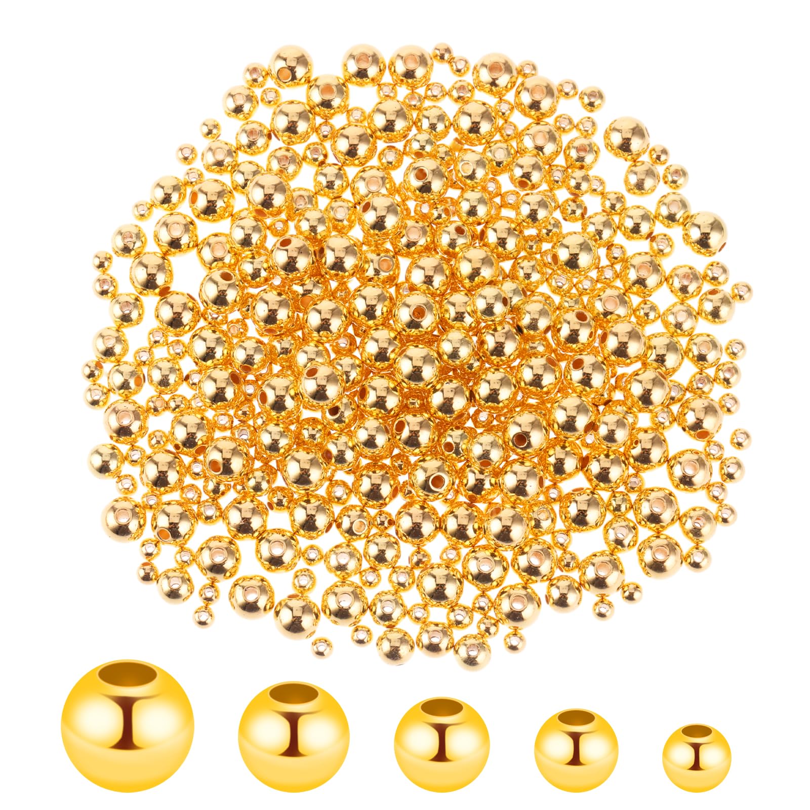 Abeillo 1000Pcs Sparkling Gold Smooth Round Spacer Beads-Assorted Size Round Spacer Beads Brass Tarnish Resistant Seamless Loose Beads for DIY Craft Bracelet Jewelry Making (4/5/6/8/10MM-Gold)