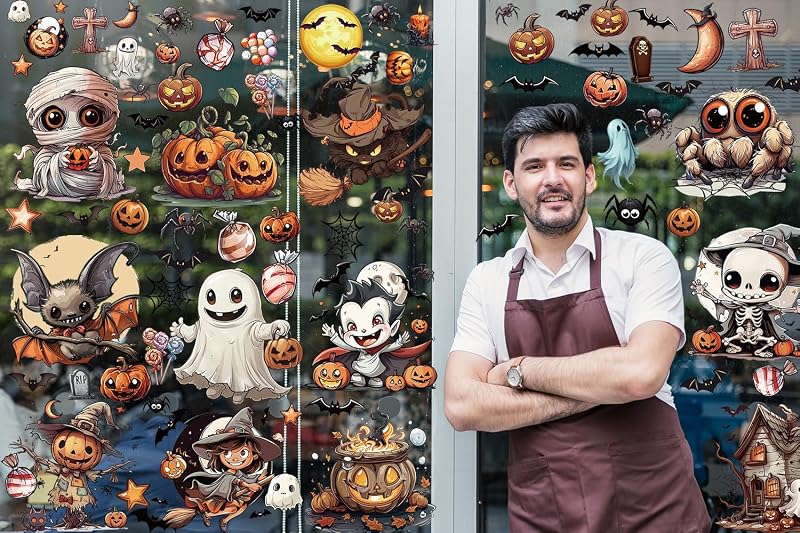 12 hojas de calcomanías de ventana de Halloween de gran tamaño, decoraciones de murciélagos, arañas, vampiros y brujas, calcomanías para ventanas de Halloween