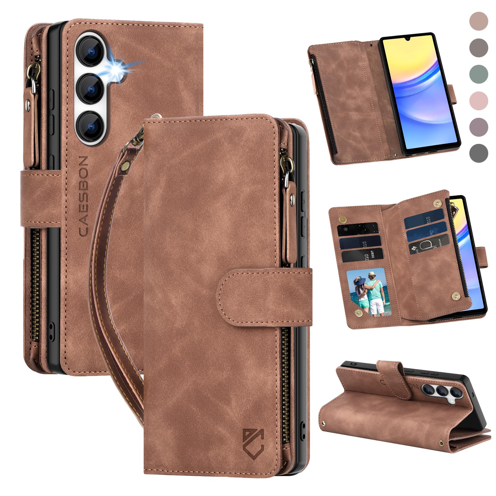 CAESBON for Samsung Galaxy A15-5G-Wallet Case: with RFID Blocking Card Slots (6 Cards) | Soft PU Leather Magnetic Snap Zipper Pocket | Crossbody Wrist Strap Protective Phone Cover - Brown