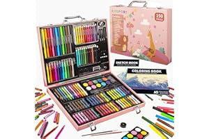 KINSPORY 150PC Art Set with Sketch Book, Coloring Art Kit Drawing Art Supplies Case, Markers Crayon Colour Pencils for Budding Artists Kids Teens Boys (Pink)