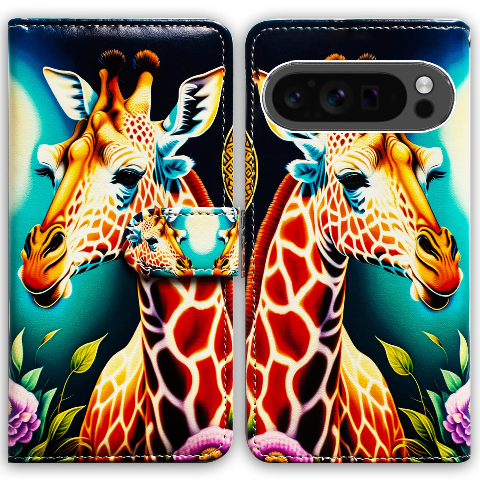 Bcov Case For Pixel 9 Pro,Giraffe Flowers Leather Flip Phone Case Wallet Cover with Card Slot Holder Kickstand Case For Google Pixel 9 Pro