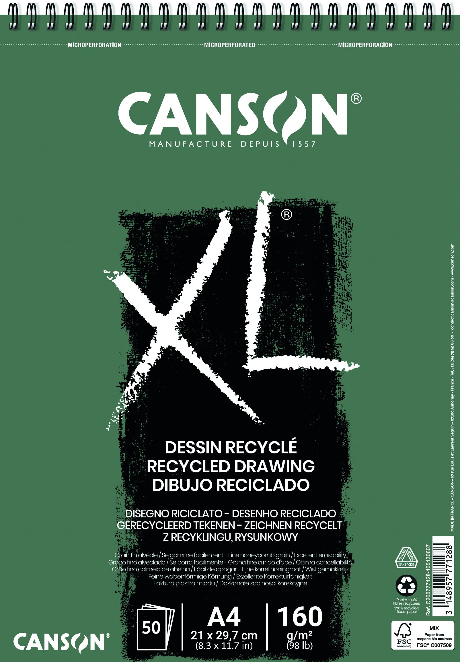 CANSON XL Recycled Drawing 160gsm A4 Paper, Fine Honeycomb Grain, Spiral Pad Short Side, 50 White Sheets, For Professional Artists & Illustrators