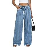 POTILI Women's Drawstring Elastic Waist Jeans Wide Leg High Waisted Baggy Straight Leg Jeans Pants with Pockets