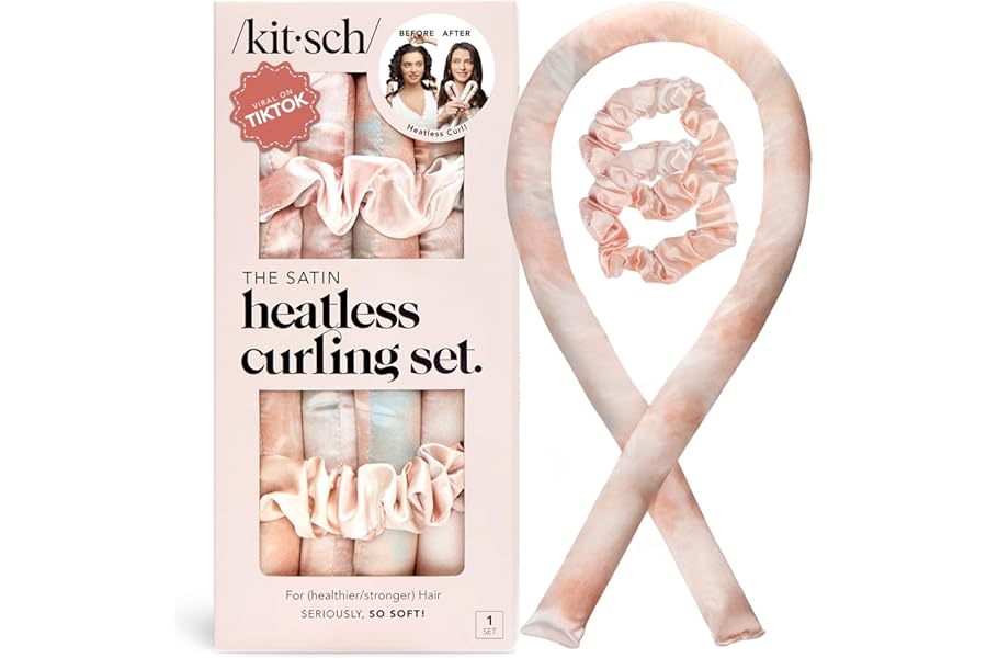 Kitsch Satin Heatless Curling Set – Heatless Curls Overnight with 34″ Hair Curler & 2 Satin Scrunchies – Comfortable Hair Curlers to Sleep In for Frizz-Free, No Heat Damage Styling – Sunset Tie Dye