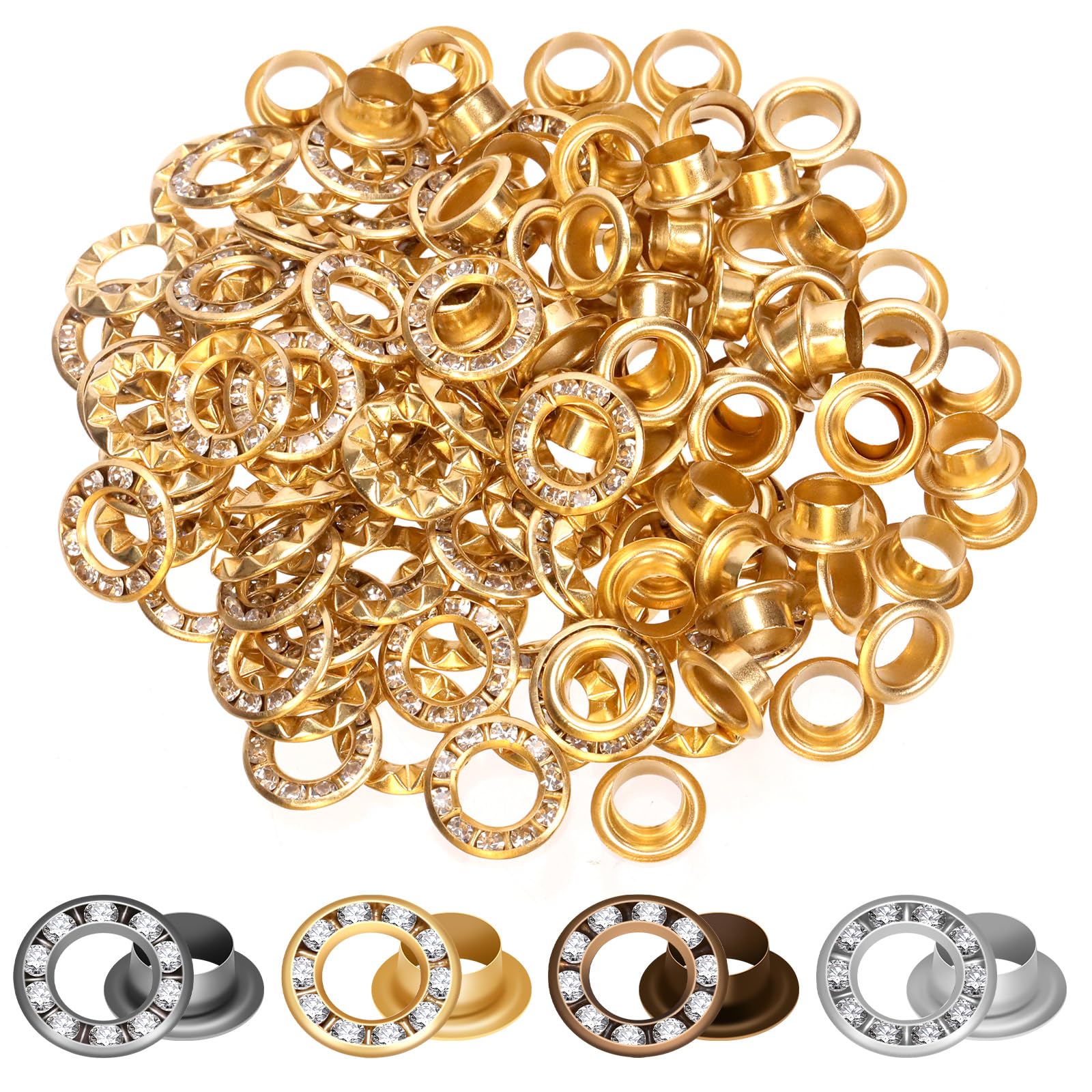 Photo 1 of Mardatt 100 Sets 1/4” Rhinestone Eyelet Grommet Kit, Rhinestone Metal Grommet Rhinestone Eyelet Fittings Eyelet Grommets Kit with Washer, Hole Punch for Clothing Shoe DIY Crafts(Gold)