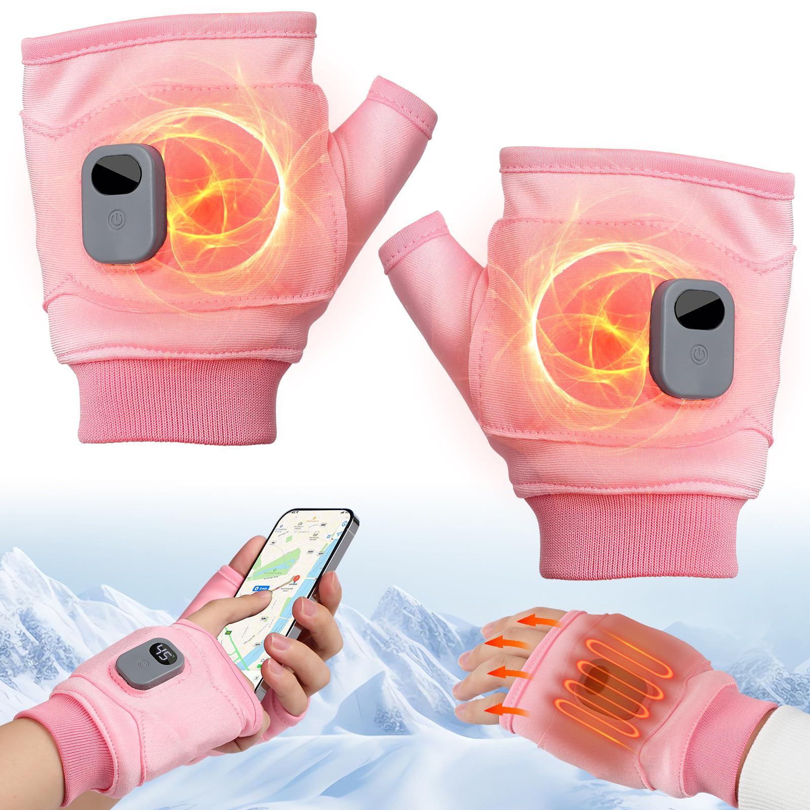 Photo 1 of 3rd Gear Portable Heating Gloves with Digital Display, Electric Heated Fingerless Gloves, Rechargeable, Smart Thermostatic (Pink, One Size)