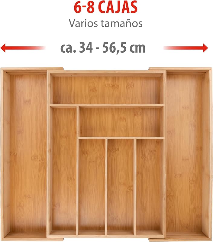 Organizador de gavetas - Talheres de gaveta de cozinha extensíveis 46x34-56,5x6 cm - Caixa organizadora de utensílios até 8 compartimentos - Para utensílios de cozinha, óculos de sol e mais - Bambu