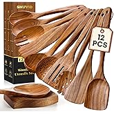 Wooden Spoons for Cooking, 12 Pcs Nonstick Wooden Cooking Utensils Set with Comfort Grip – 100% Natural Teak Wood - Sturdy, L