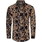fohemr Mens Luxury Dress Shirts Baroque Gold Chain Print Casual Long Sleeve Button Down Buchona Shirt for Party