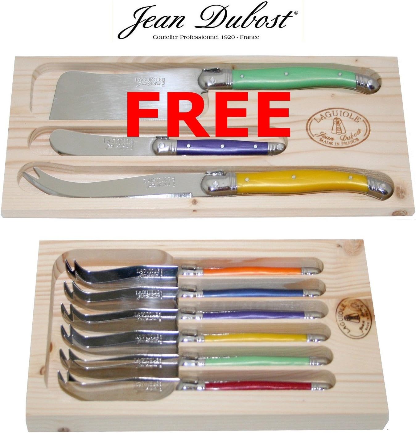 Authentic LAGUIOLE Dubost - Set of 6 Cheese Knives - Multi Rainbow Colors - Stainless Steel Lemmet - Direct From France