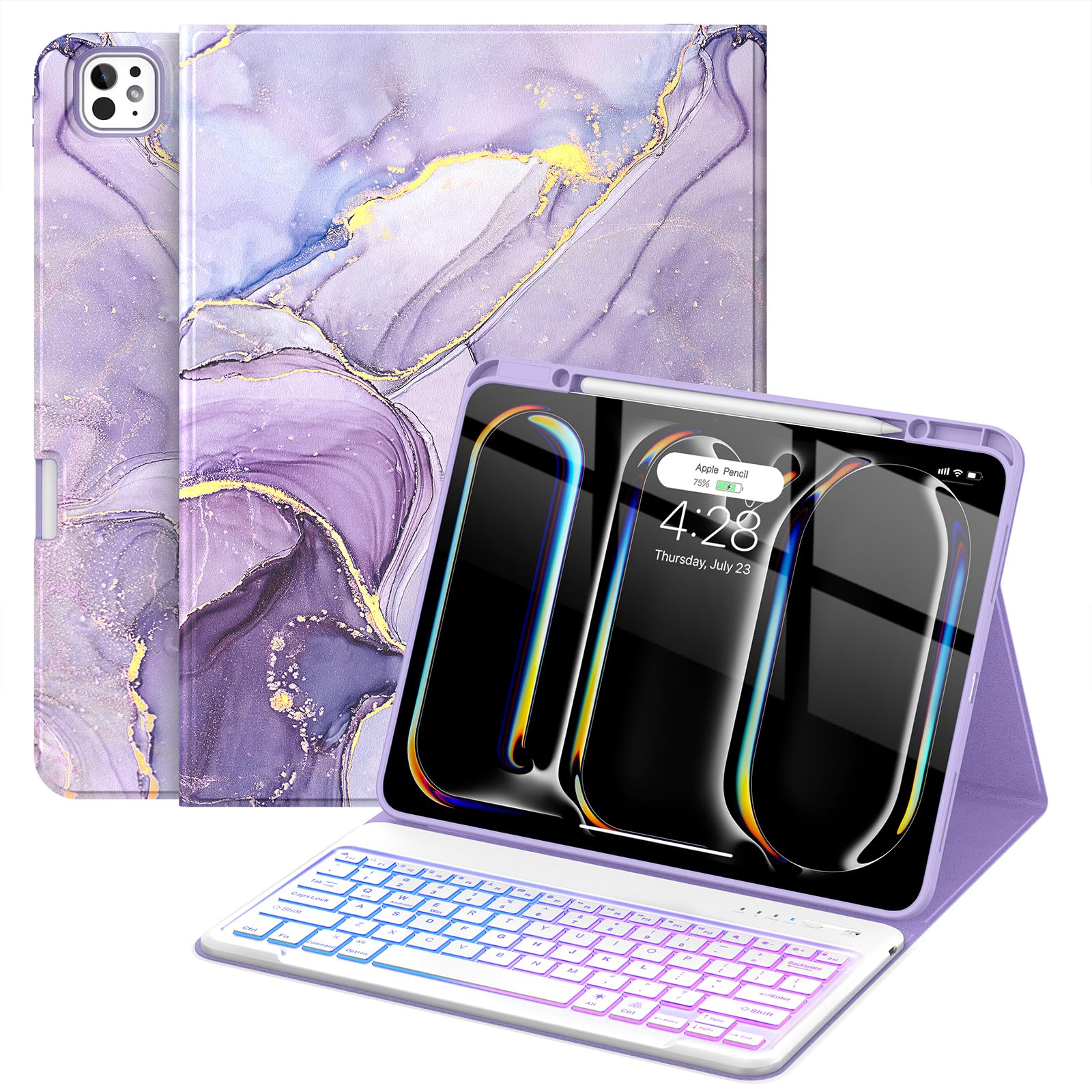 Photo 1 of Soke for iPad Pro 13 Inch Case with Keyboard (M4 2024), Magnetic Detachable Wireless Bluetooth & Backlit Keys Keyboard, Folio Stand TPU Back Cover with Pencil Holder for iPad Pro 13", Lilac Marble