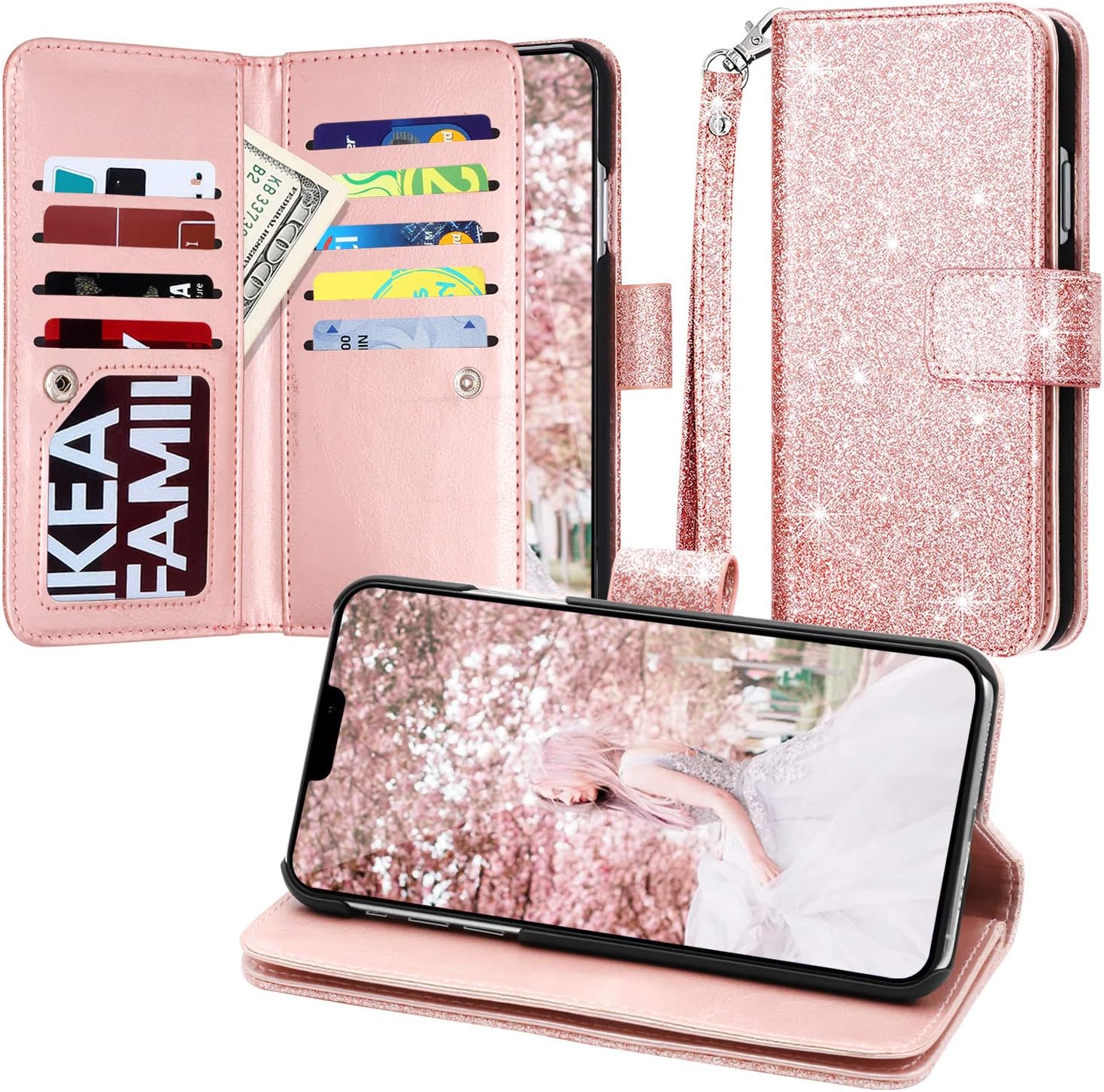 iPhone 11 Pro Max Case,iPhone 11 Pro Max Wallet Case,Casewind Luxury Glitter Premium Leather+TPU Inner Shell Flip Case with 9 Card Slot Magnetic Closure Wallet Case for iPhone 11 Pro Max,Rose Gold