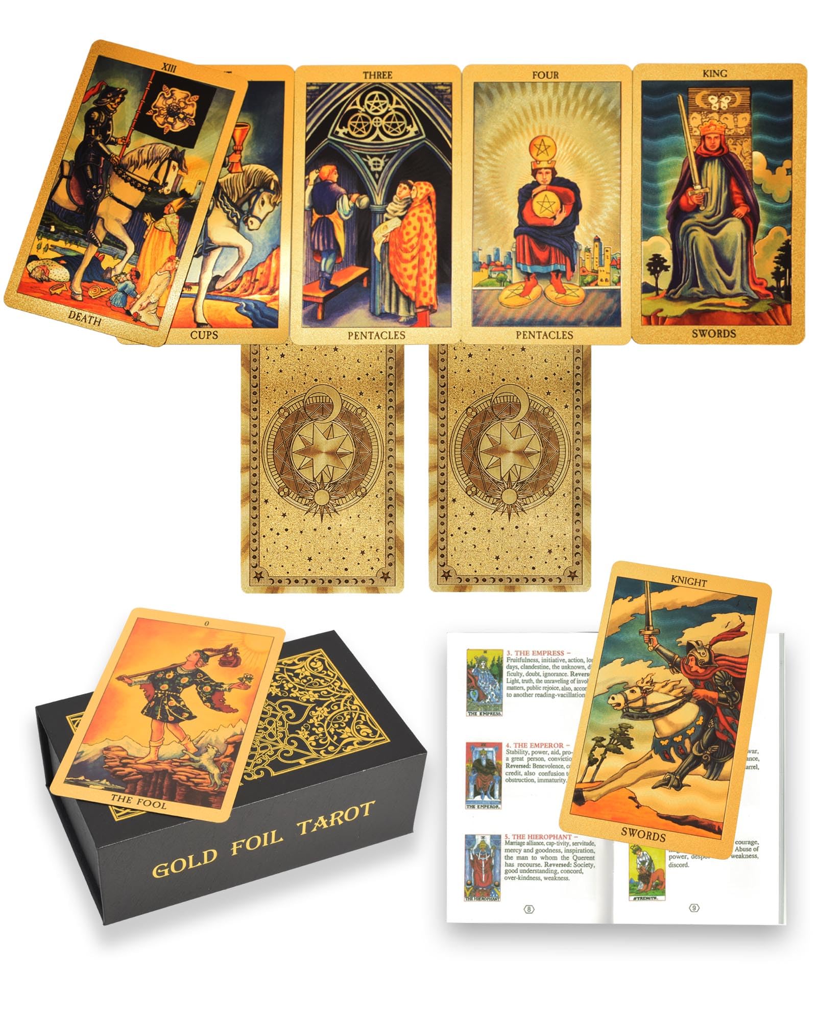 YIMINGOUFEI English Gold Tarot Card Set, 78 Cards with 36 Page Guide, 7 x 12 cm, PVC Waterproof, Gold Foil Design, Sun, Stars and Moon — image 1