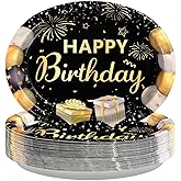 Grencian 50Pcs Black and Gold Birthday Oval Paper Plates 10" x 12" Large Heavy Duty Happy Birthday Party Plates Black Party Decorations Platters for Men Women Gathering Dinner Party Decorations