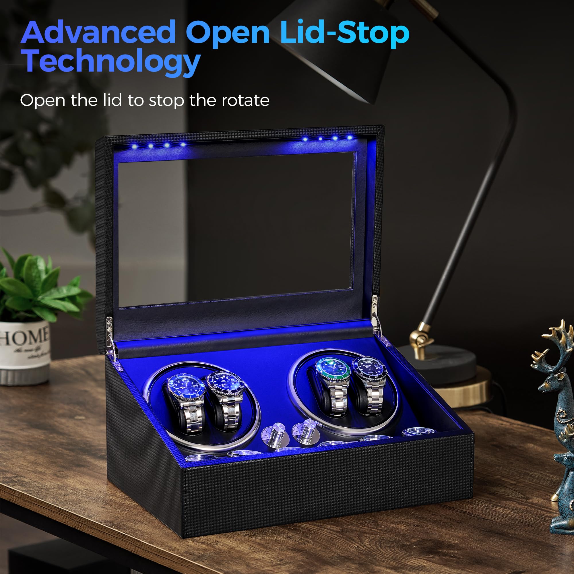 ANWBROAD ANWBROAD Watch Winder for Automatic Watches 4 Watch Rotator and 6 Extra Storages with Super Quiet Motor and LED Backlight Turner Carbon Fiber Shaker 5 Rotating Modes USB UJWW002F