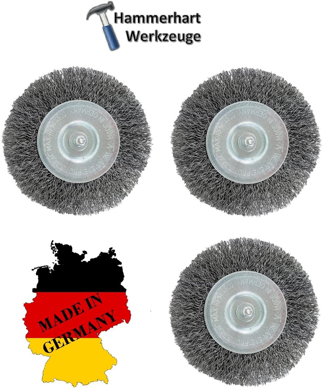 Set of 3 Disc Brush with 6 mm shank DRM 100 x 8-10 mm Steel Wire – Made in Germany – suitable for Drills, Bosch, Einhell, Makita and Ryobi, Kress, Makita, Festool/Einhell/AEG/Black & Decker