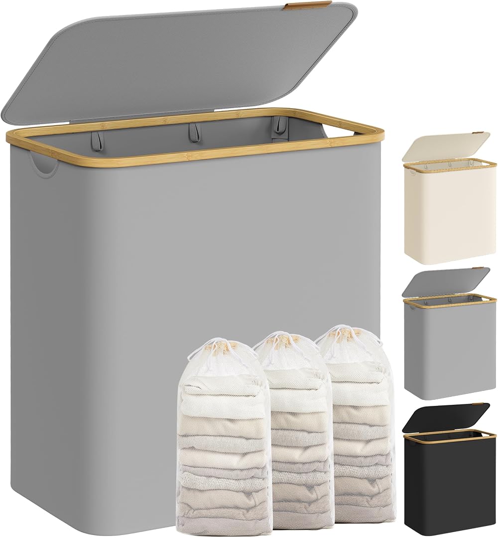 SONGMICS 150L 3-Section Laundry Basket with Lid Dove Grey LCB515G01